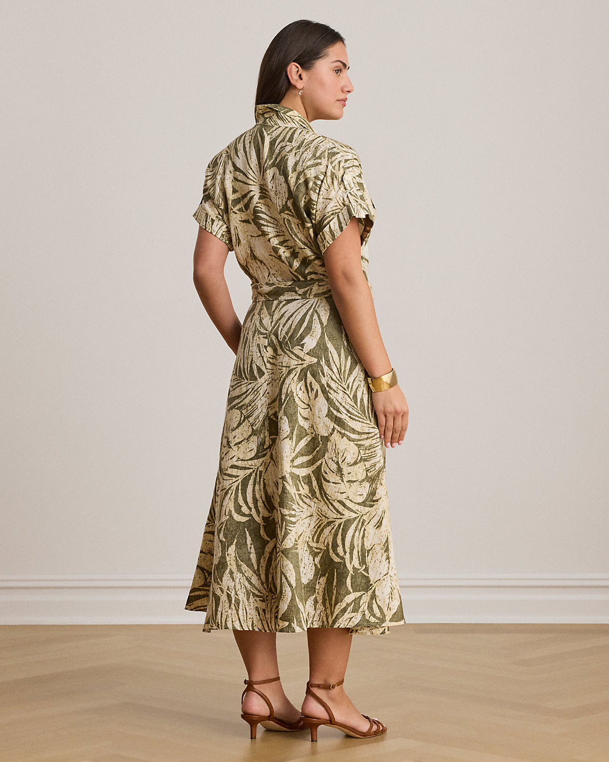 Palm-Frond-Print Linen Camp Shirtdress