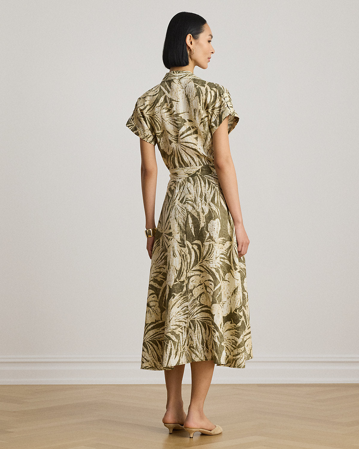 Palm-Frond-Print Linen Camp Shirtdress
