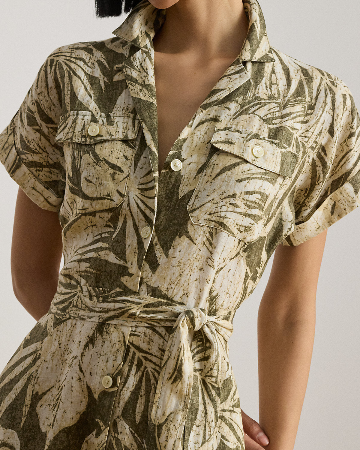 Palm-Frond-Print Linen Camp Shirtdress