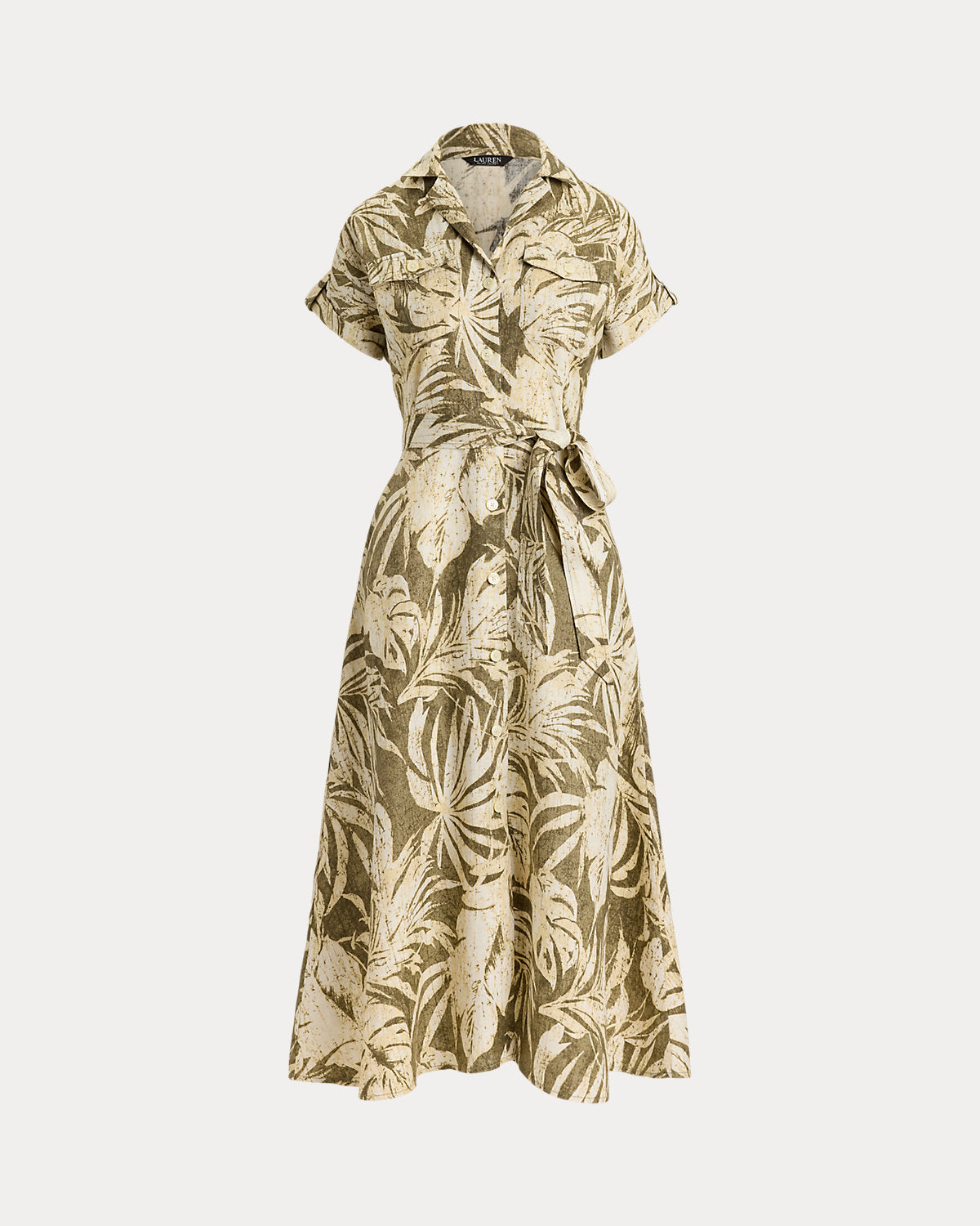 Palm-Frond-Print Linen Camp Shirtdress