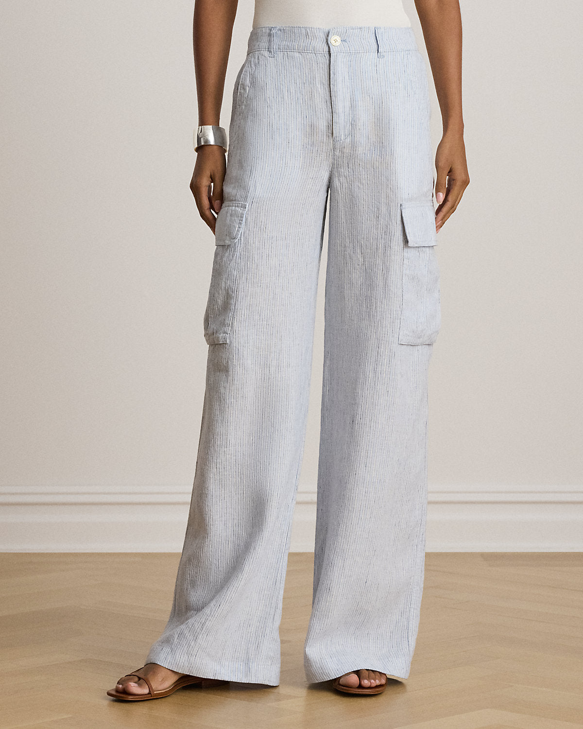 Pinstripe Linen Wide-Leg Cargo Pant
