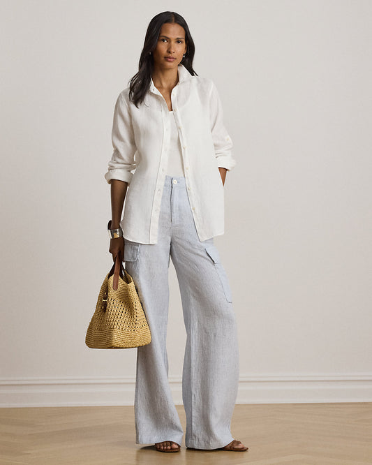 Pinstripe Linen Wide-Leg Cargo Pant