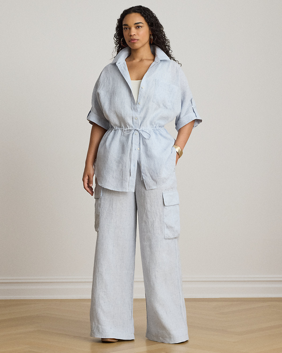 Pinstripe Linen Wide-Leg Cargo Pant