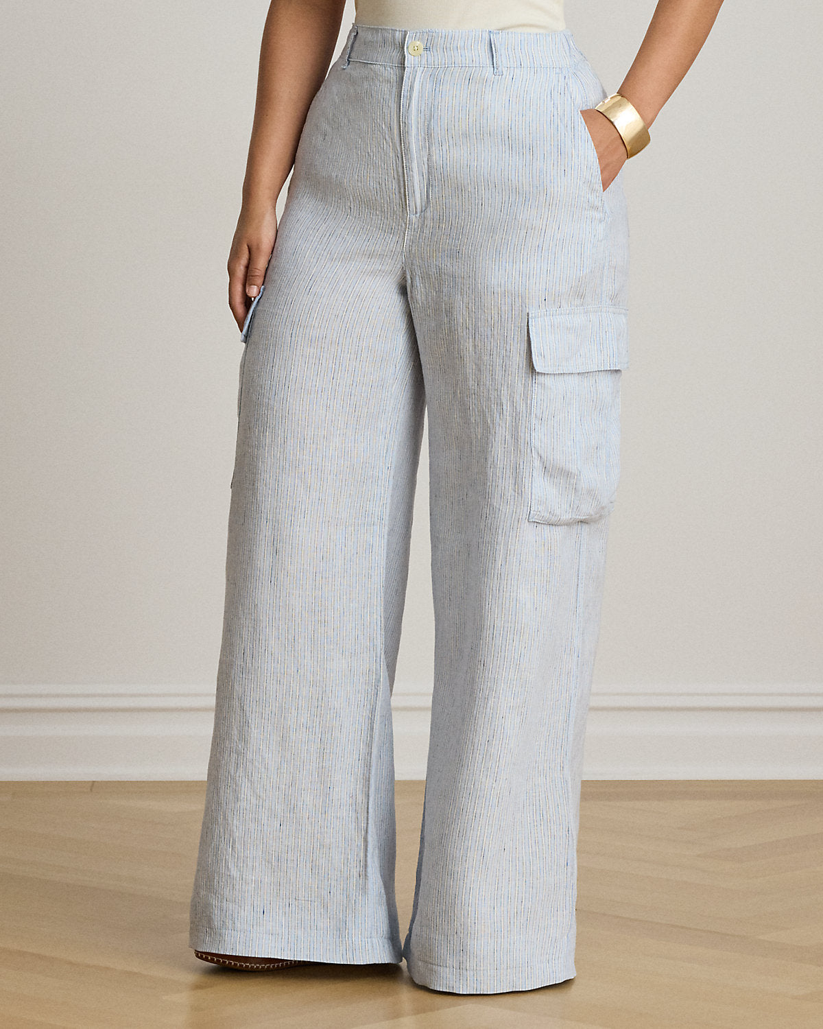 Pinstripe Linen Wide-Leg Cargo Pant