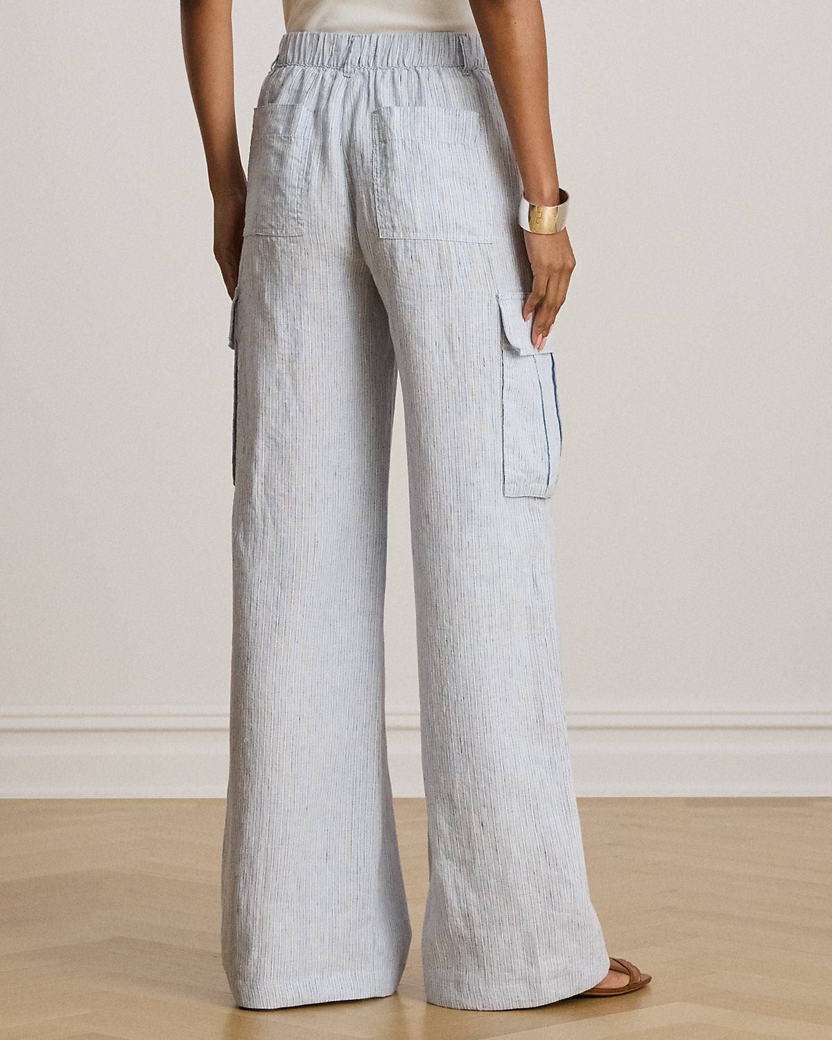 Pinstripe Linen Wide-Leg Cargo Pant