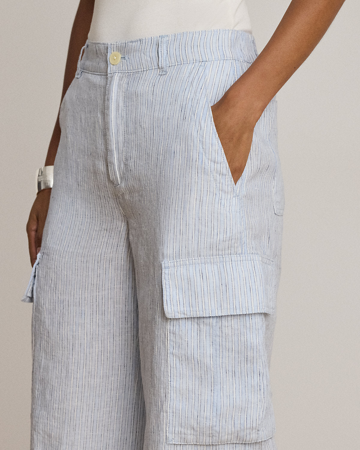 Pinstripe Linen Wide-Leg Cargo Pant