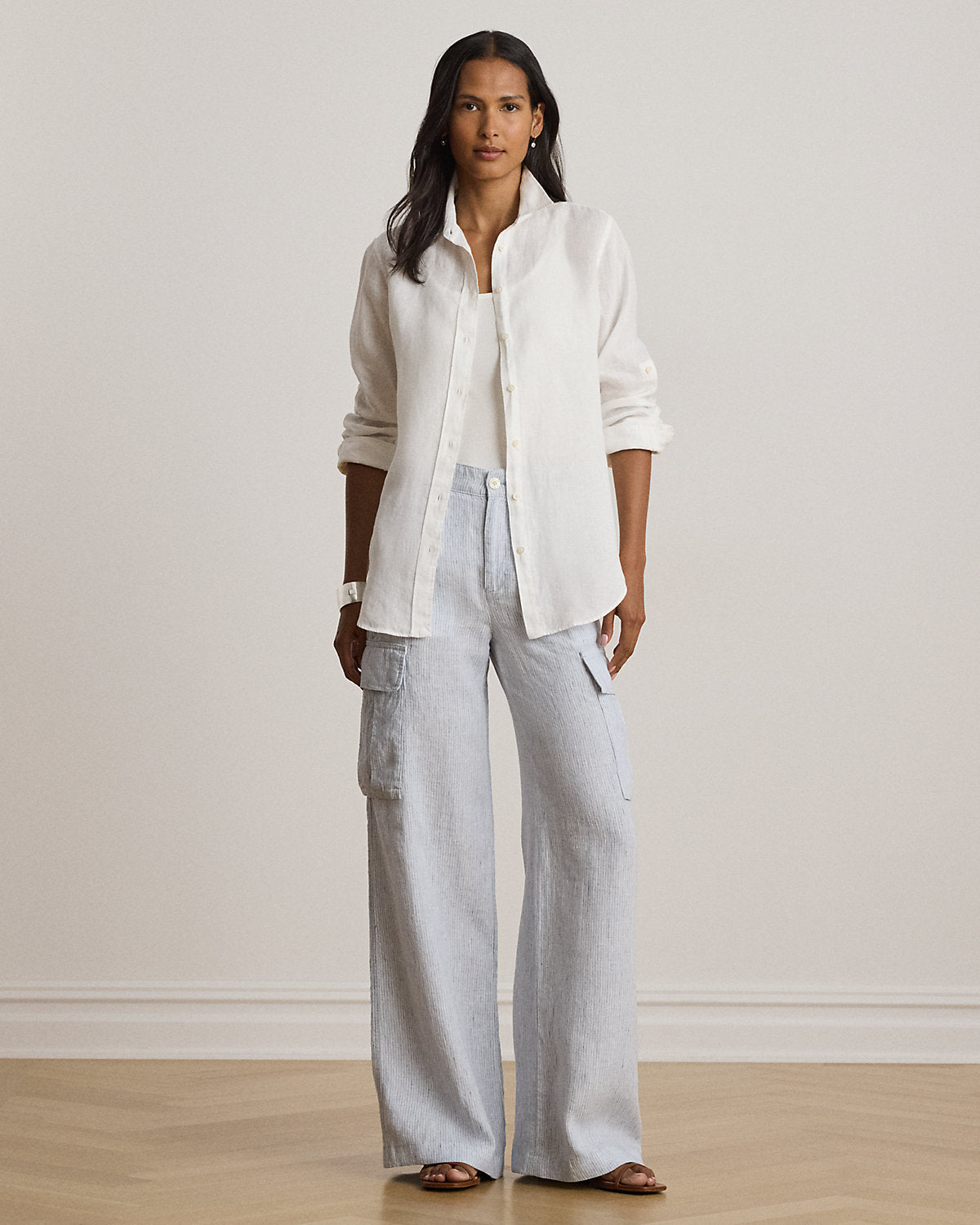 Pinstripe Linen Wide-Leg Cargo Pant