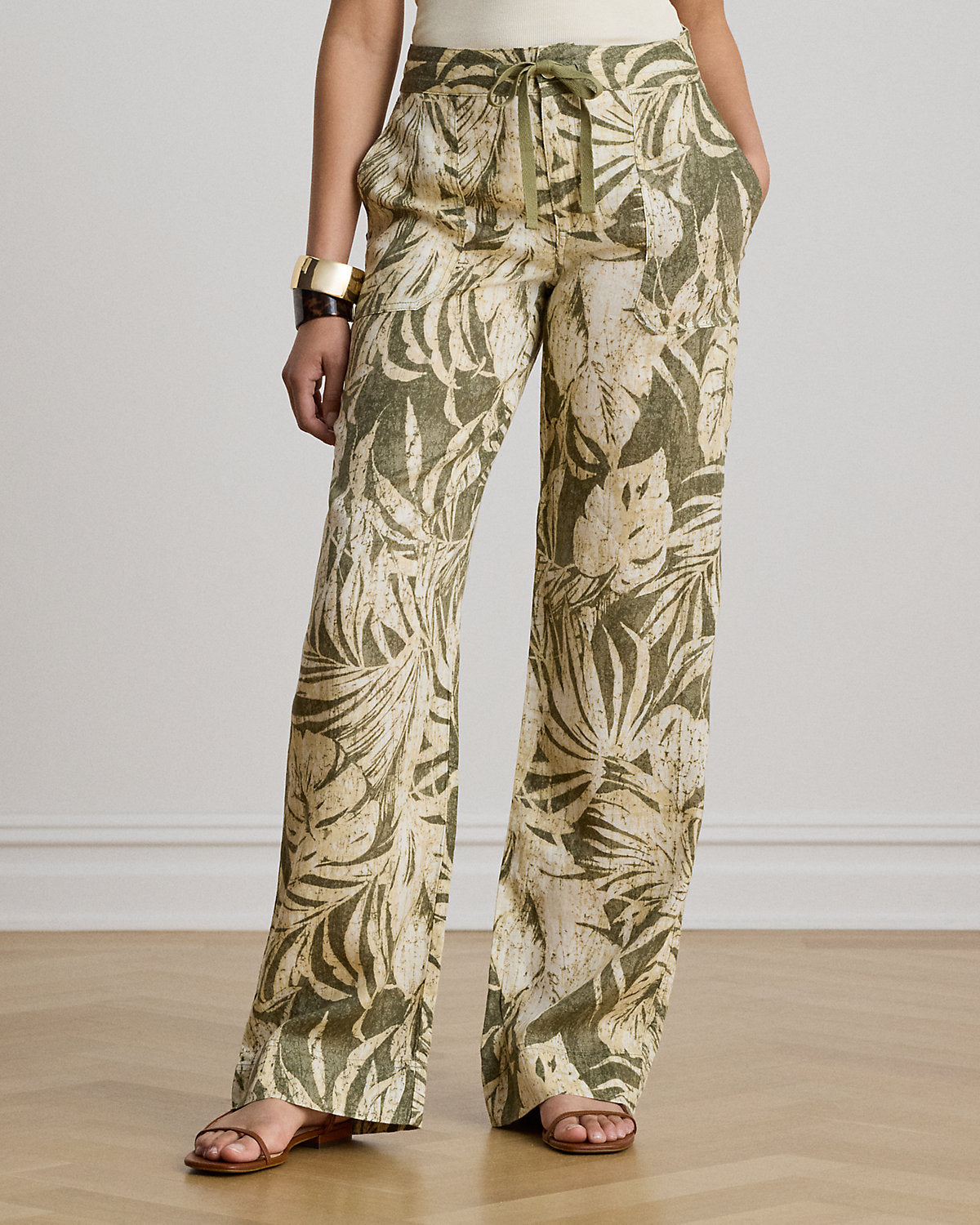 Palm-Frond-Print Linen Wide-Leg Pant