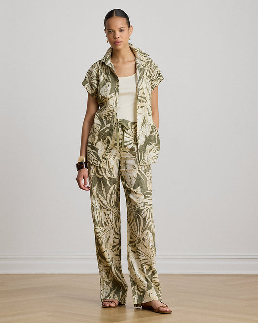 Palm-Frond-Print Linen Wide-Leg Pant