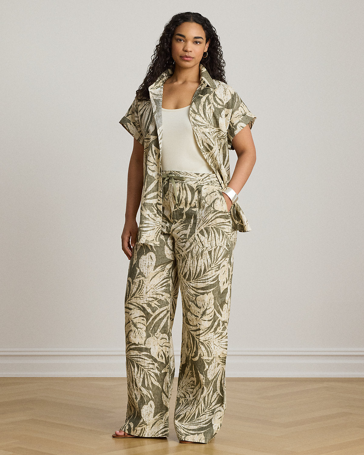 Palm-Frond-Print Linen Wide-Leg Pant