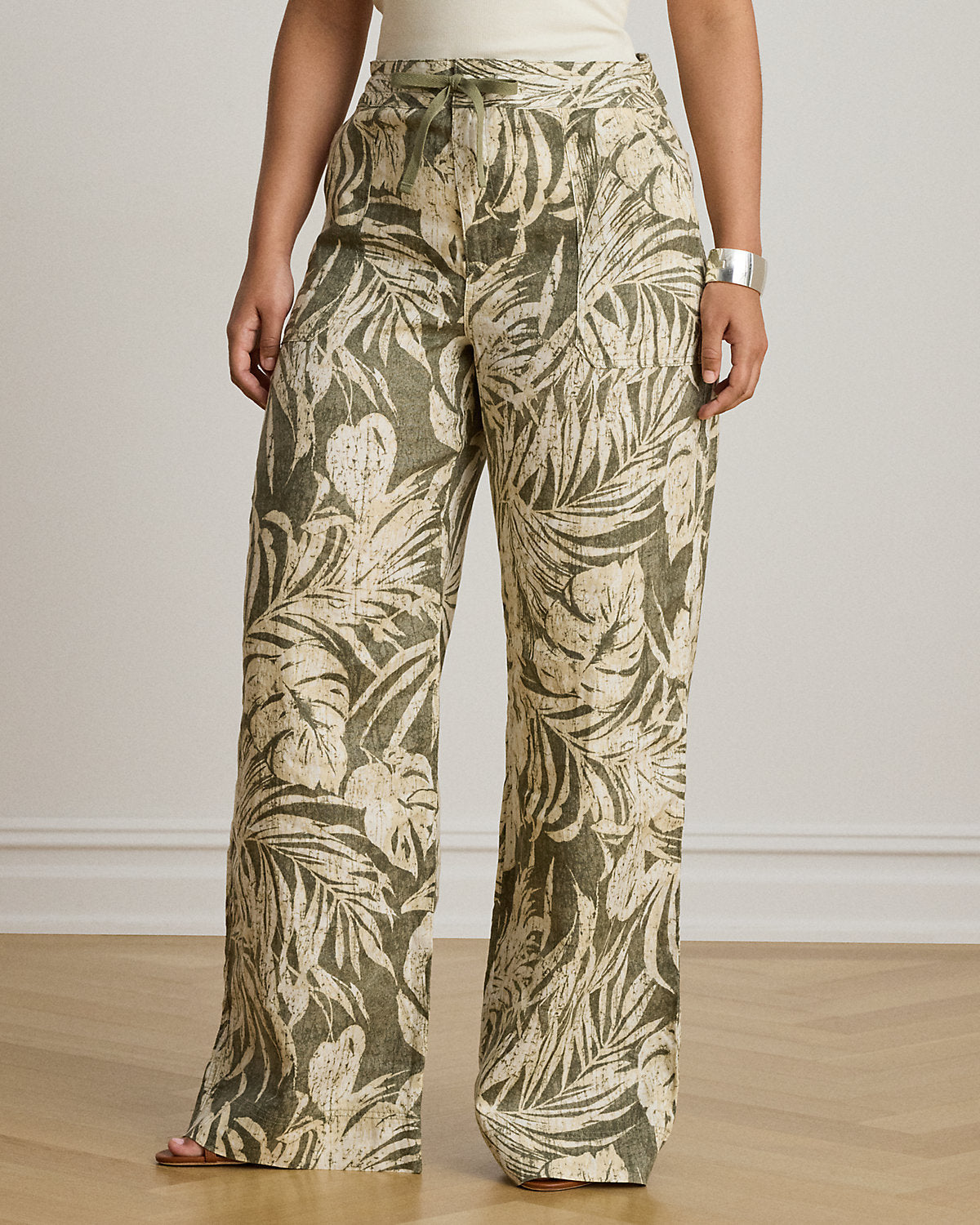 Palm-Frond-Print Linen Wide-Leg Pant