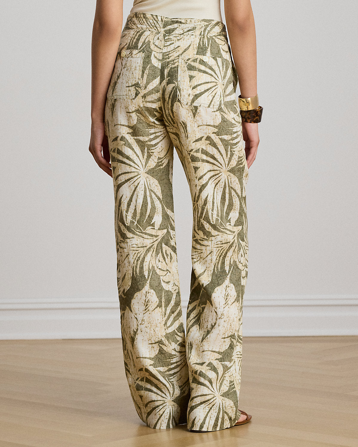 Palm-Frond-Print Linen Wide-Leg Pant