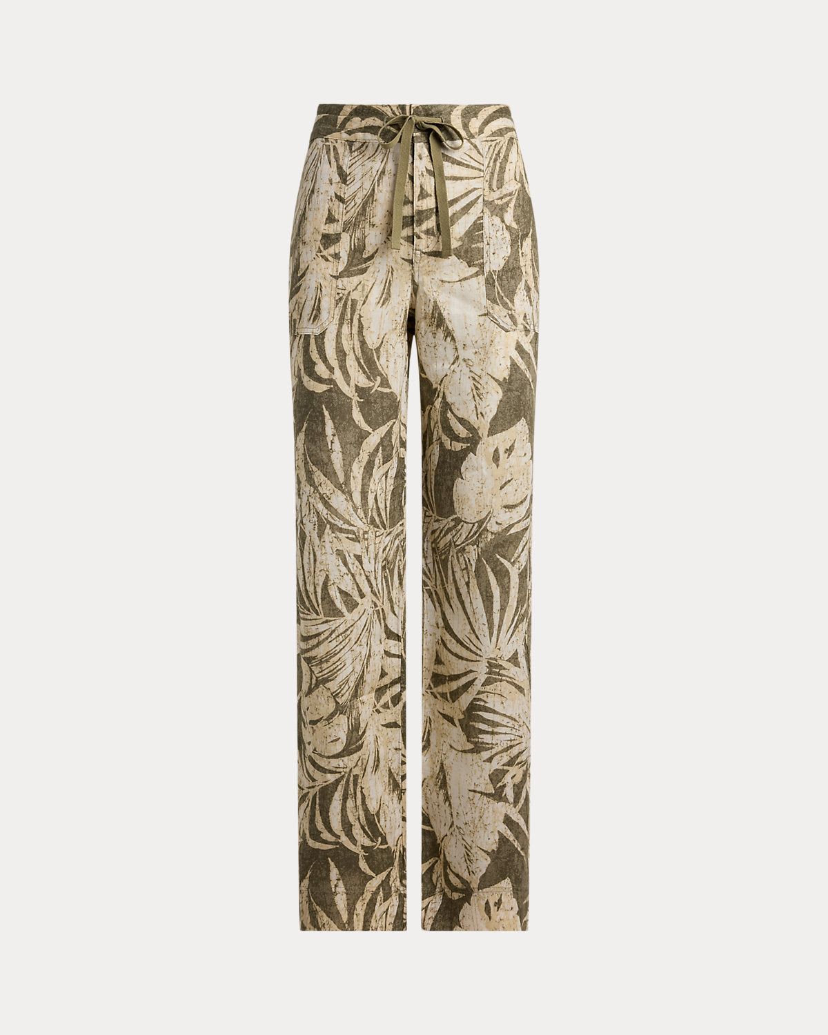 Palm-Frond-Print Linen Wide-Leg Pant