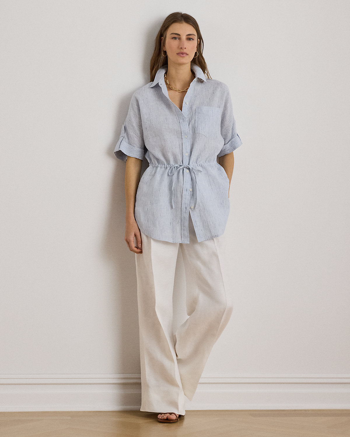 Striped Linen Roll-Tab-Sleeve Tunic