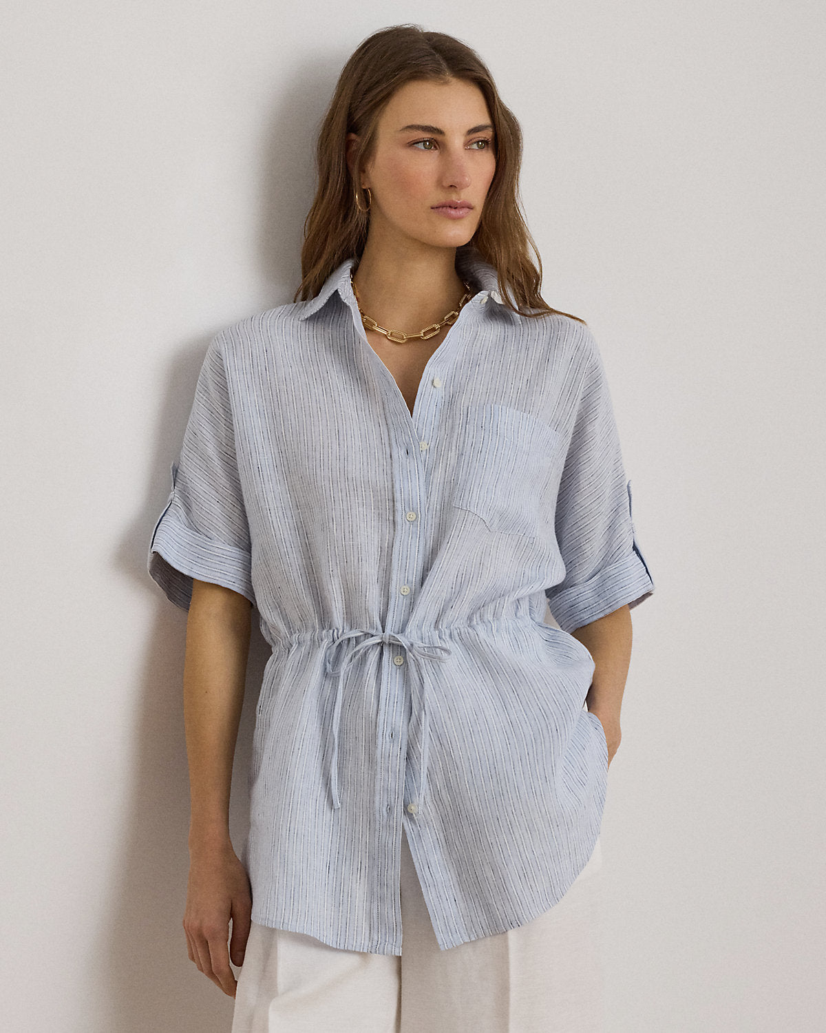 Striped Linen Roll-Tab-Sleeve Tunic