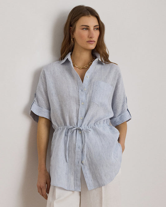 Striped Linen Roll-Tab-Sleeve Tunic
