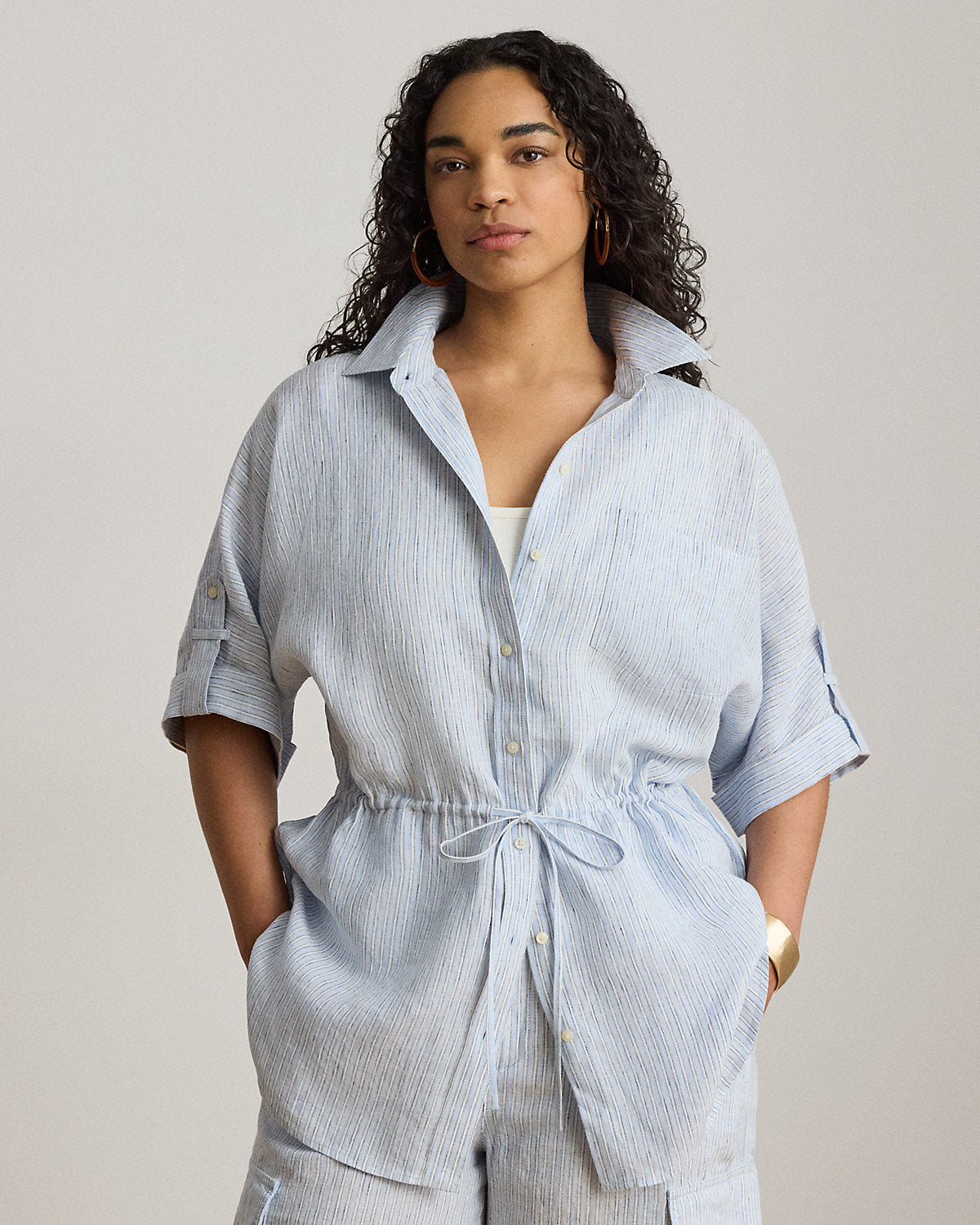 Striped Linen Roll-Tab-Sleeve Tunic