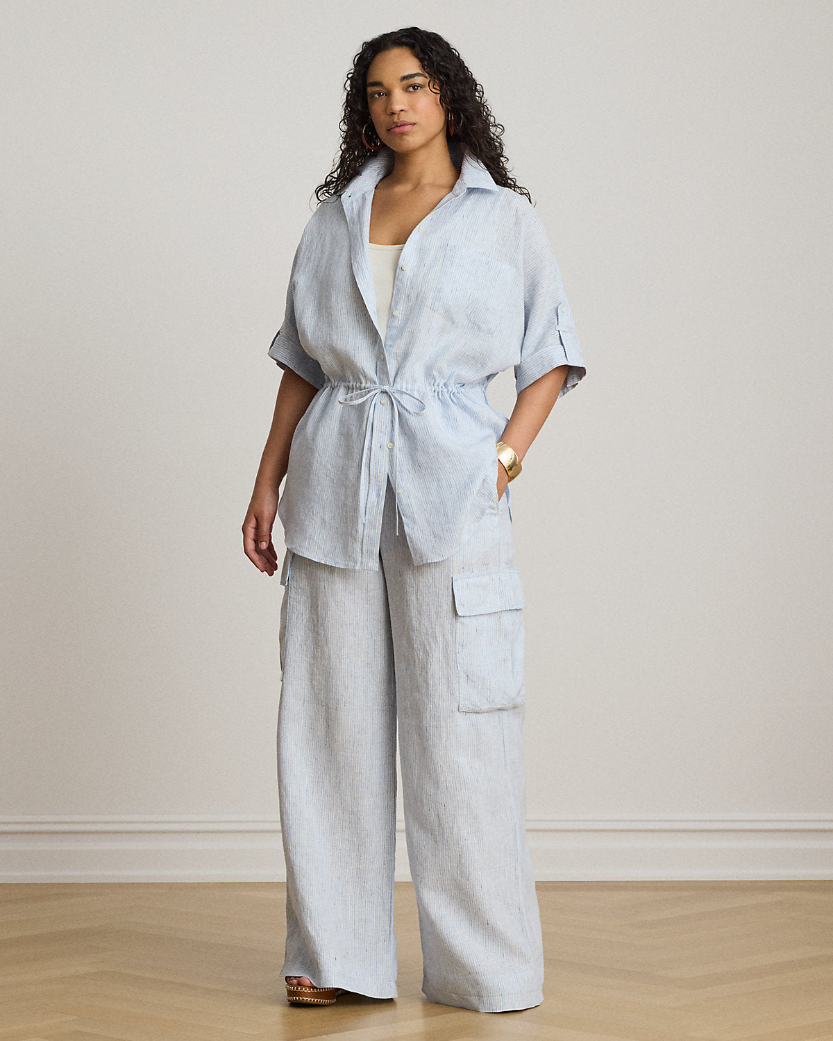 Striped Linen Roll-Tab-Sleeve Tunic