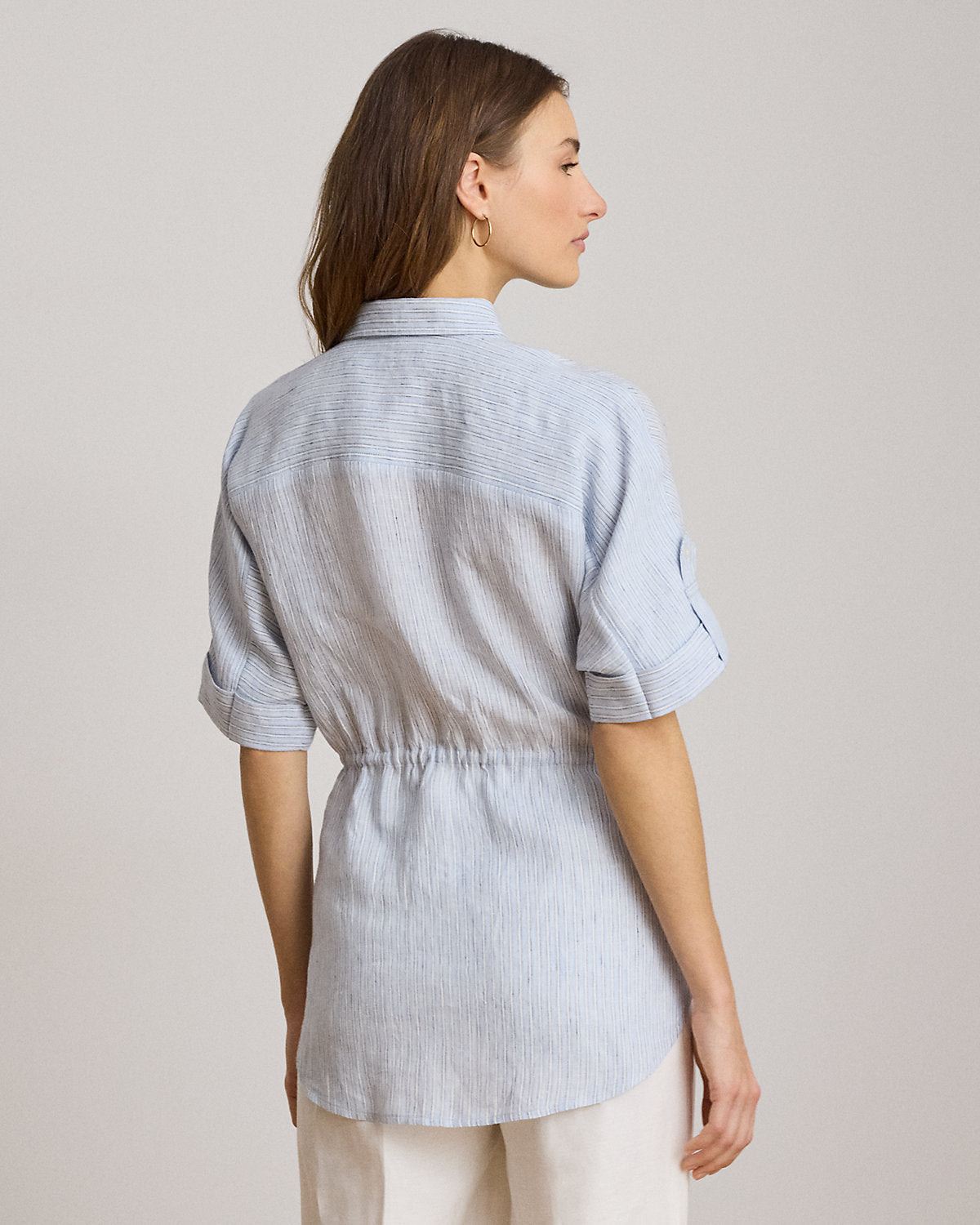 Striped Linen Roll-Tab-Sleeve Tunic