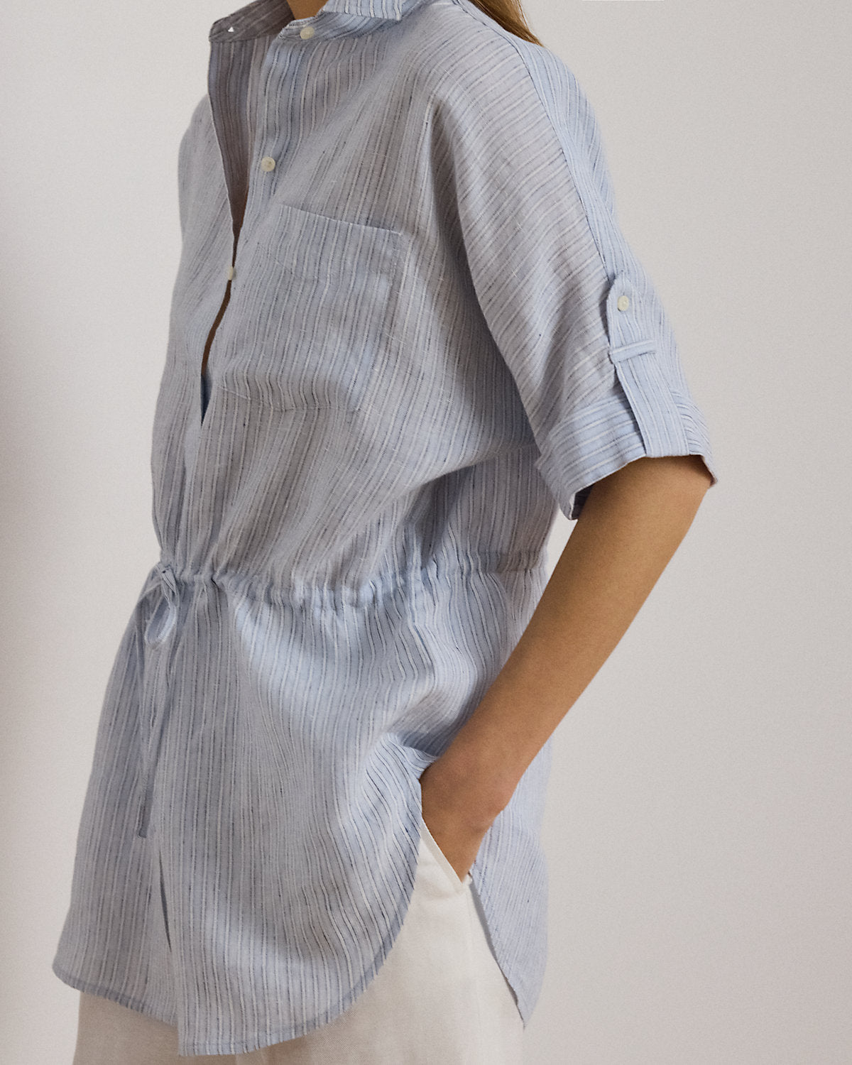 Striped Linen Roll-Tab-Sleeve Tunic