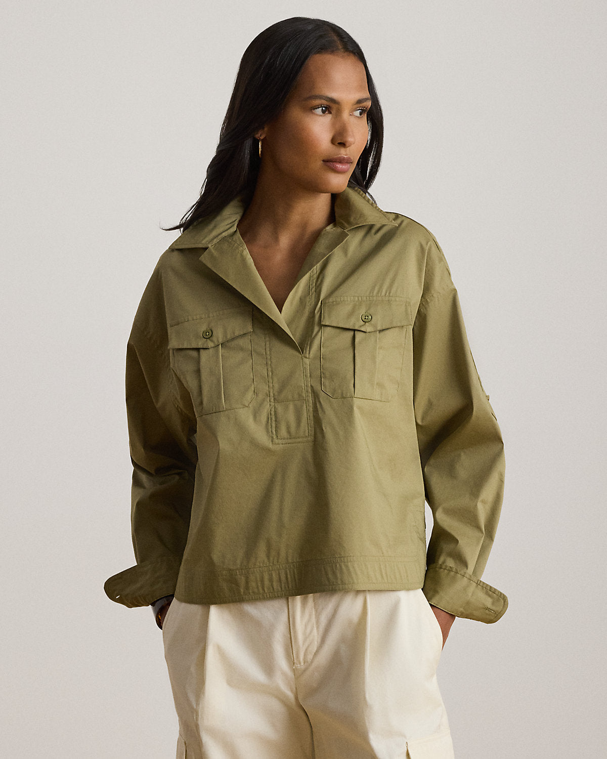Lace-Up-Trim Cotton-Blend Cropped Shirt