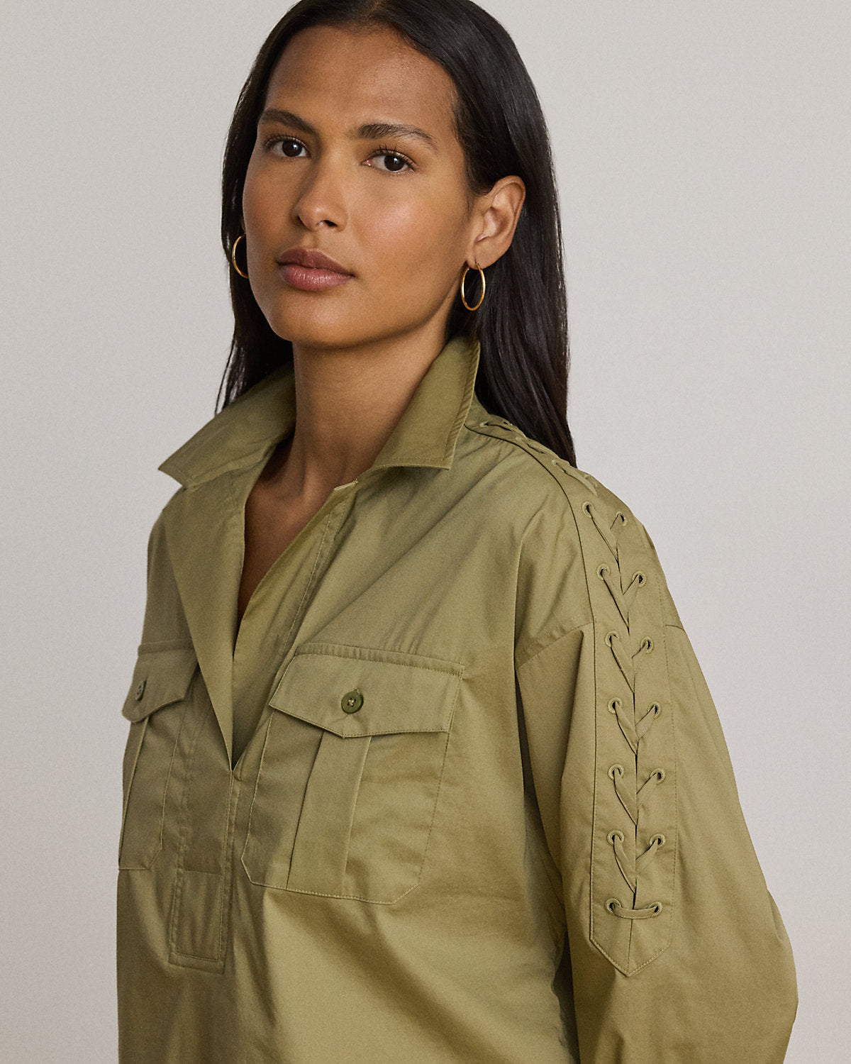 Lace-Up-Trim Cotton-Blend Cropped Shirt