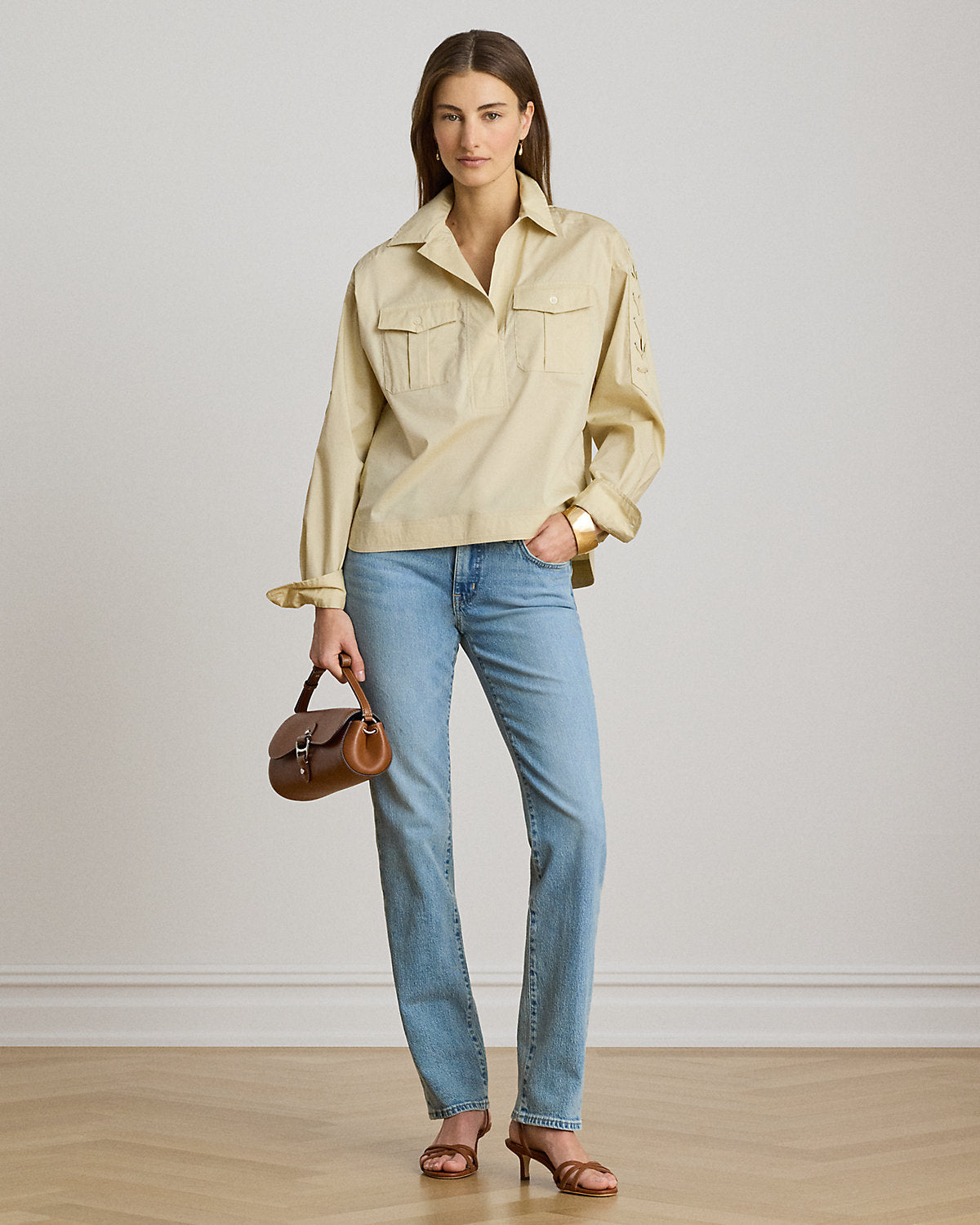 Lace-Up-Trim Cotton-Blend Cropped Shirt