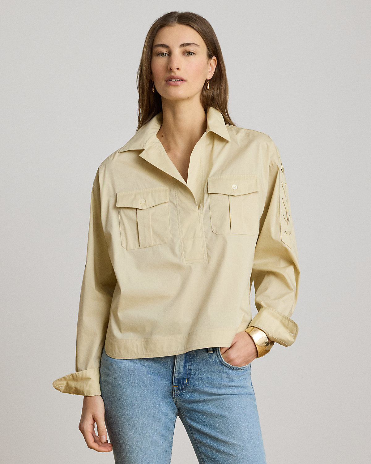 Lace-Up-Trim Cotton-Blend Cropped Shirt
