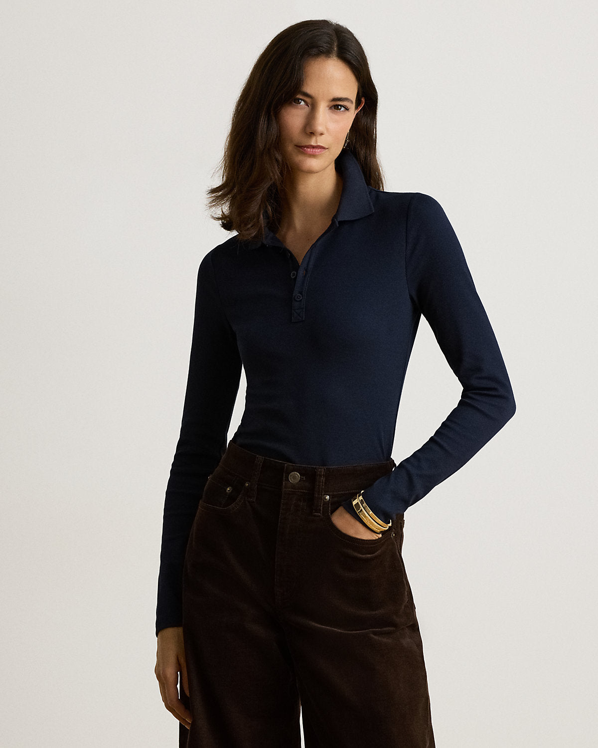 Rib-Knit Long-Sleeve Polo Shirt