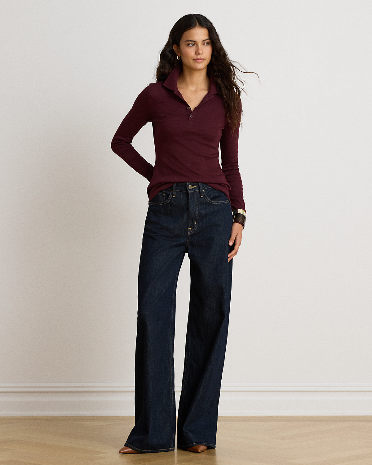Rib-Knit Long-Sleeve Polo Shirt