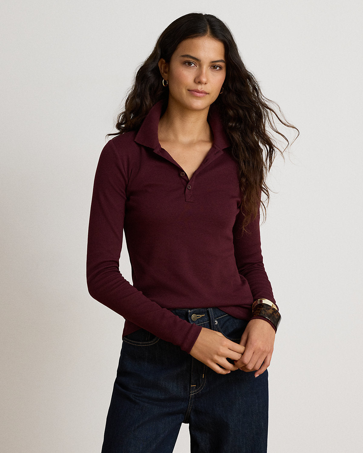 Rib-Knit Long-Sleeve Polo Shirt