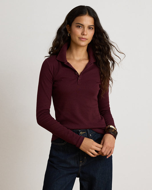 Rib-Knit Long-Sleeve Polo Shirt