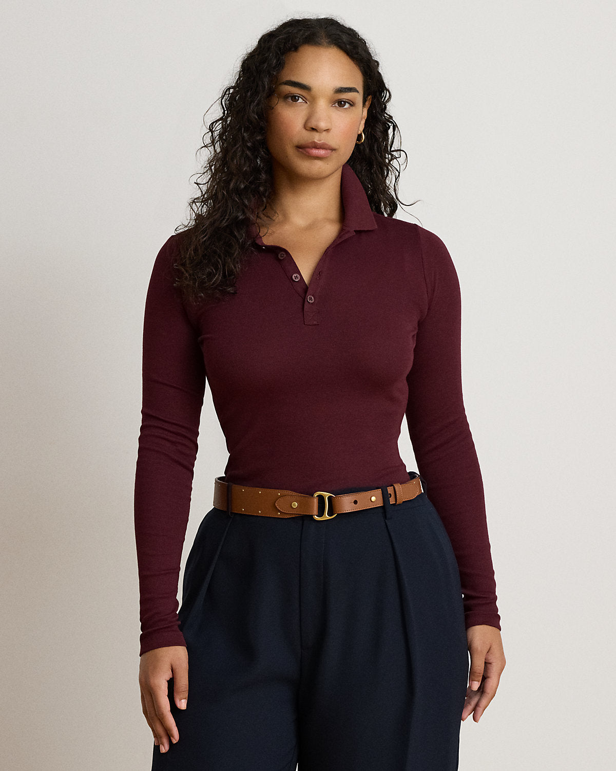 Rib-Knit Long-Sleeve Polo Shirt