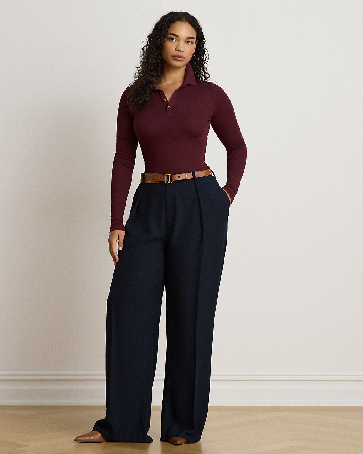 Rib-Knit Long-Sleeve Polo Shirt