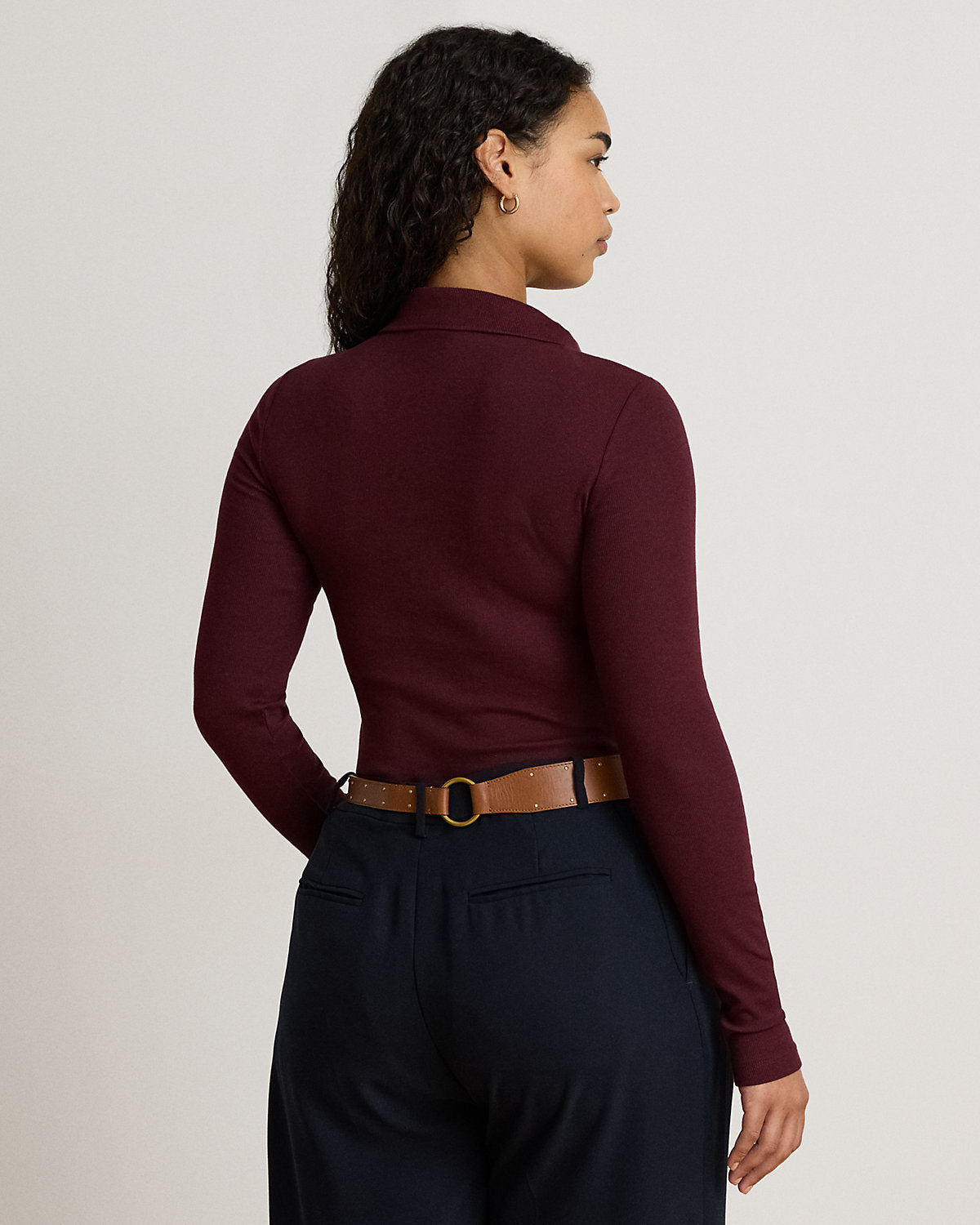Rib-Knit Long-Sleeve Polo Shirt