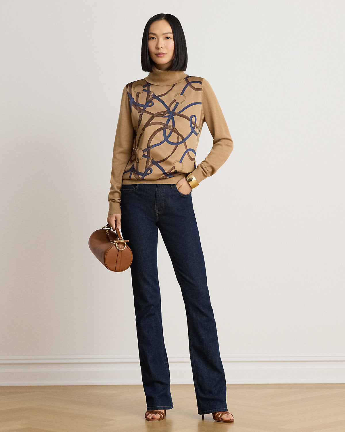 Belting-Print Turtleneck Sweater