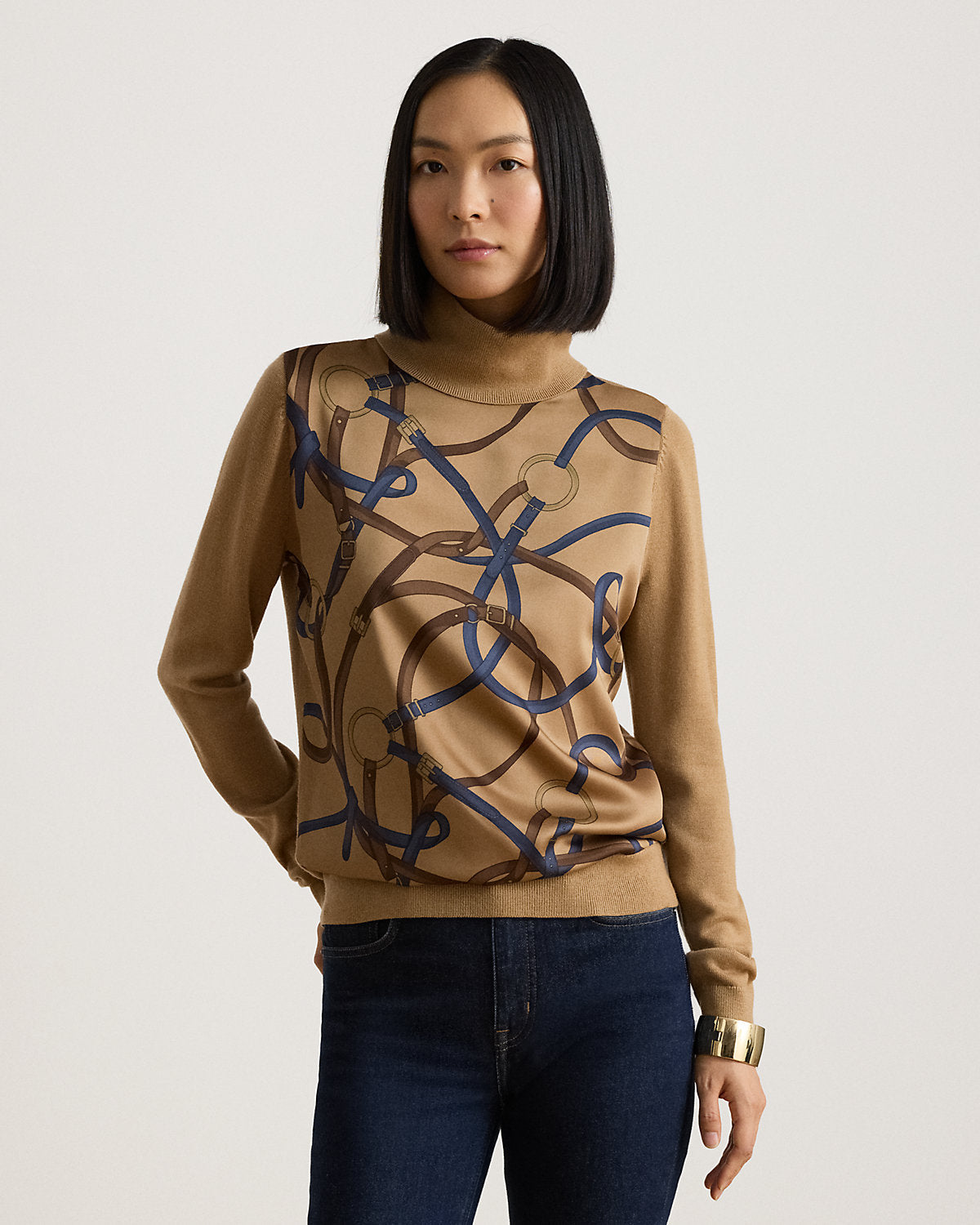 Belting-Print Turtleneck Sweater