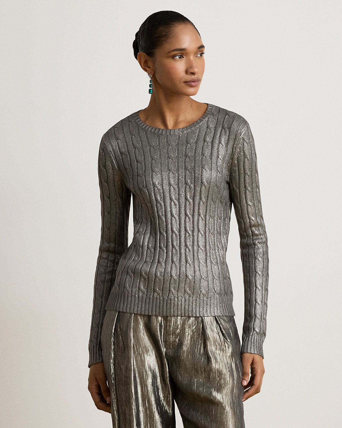 Metallic Cable-Knit Cotton-Blend Sweater