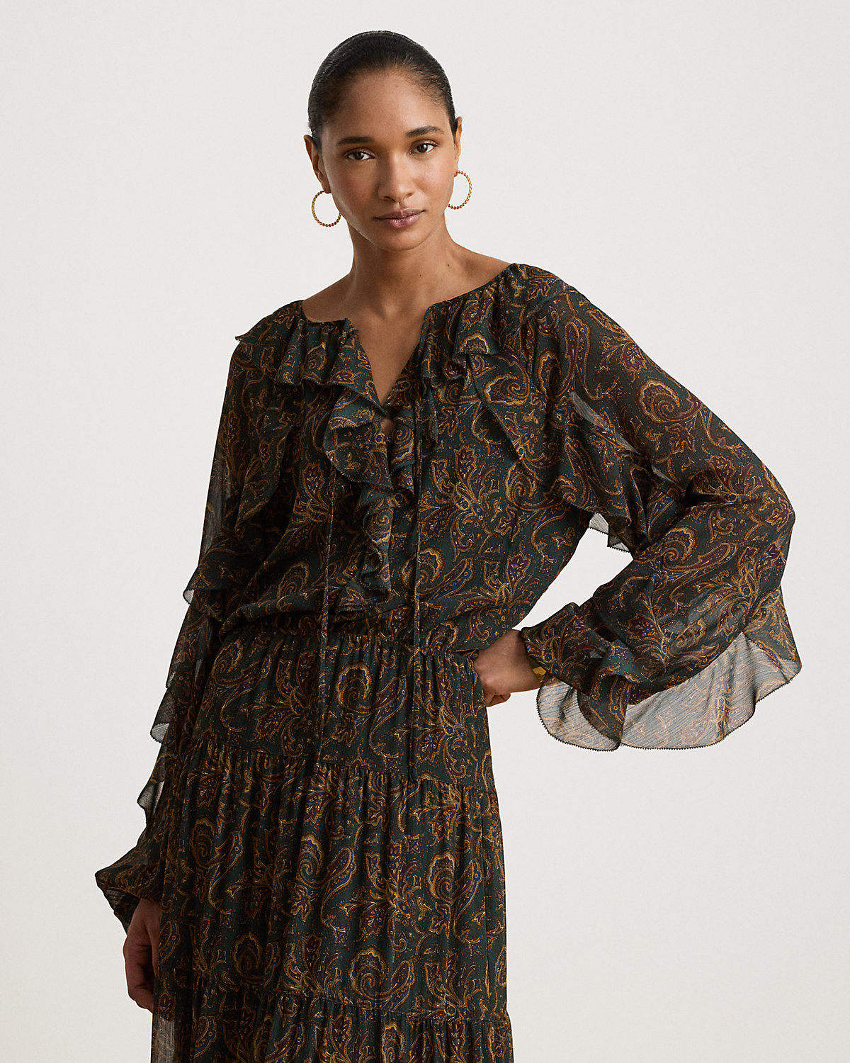 Paisley Ruffle-Trim Georgette Maxidress