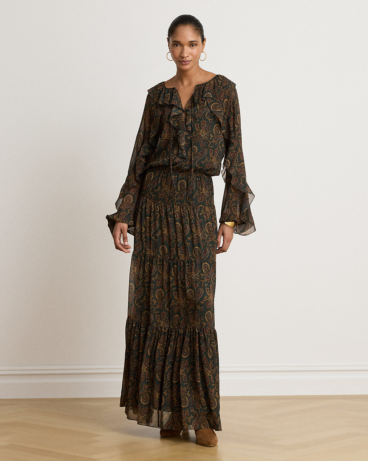 Paisley Ruffle-Trim Georgette Maxidress