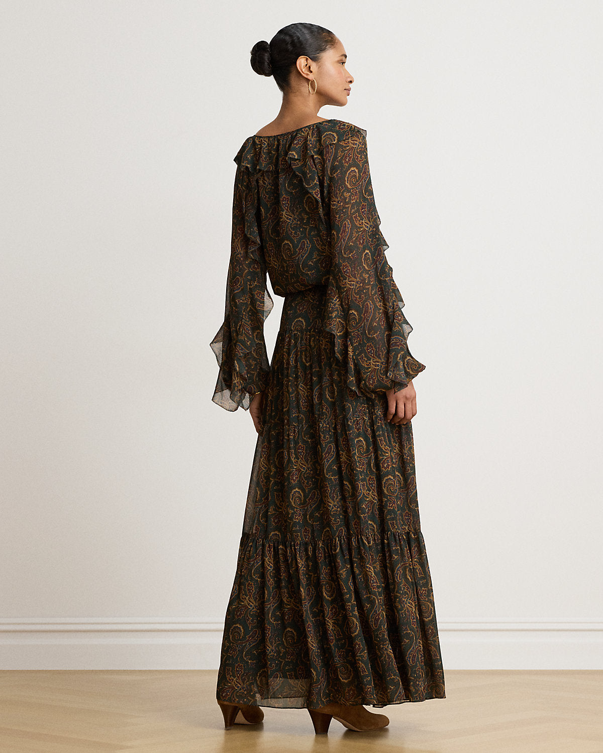 Paisley Ruffle-Trim Georgette Maxidress