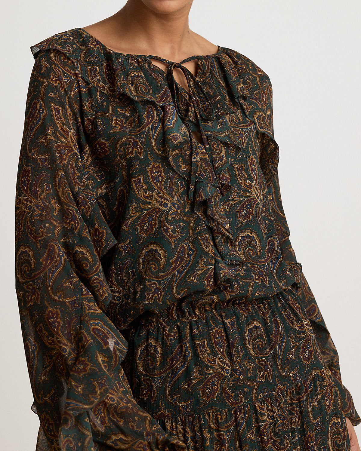 Paisley Ruffle-Trim Georgette Maxidress