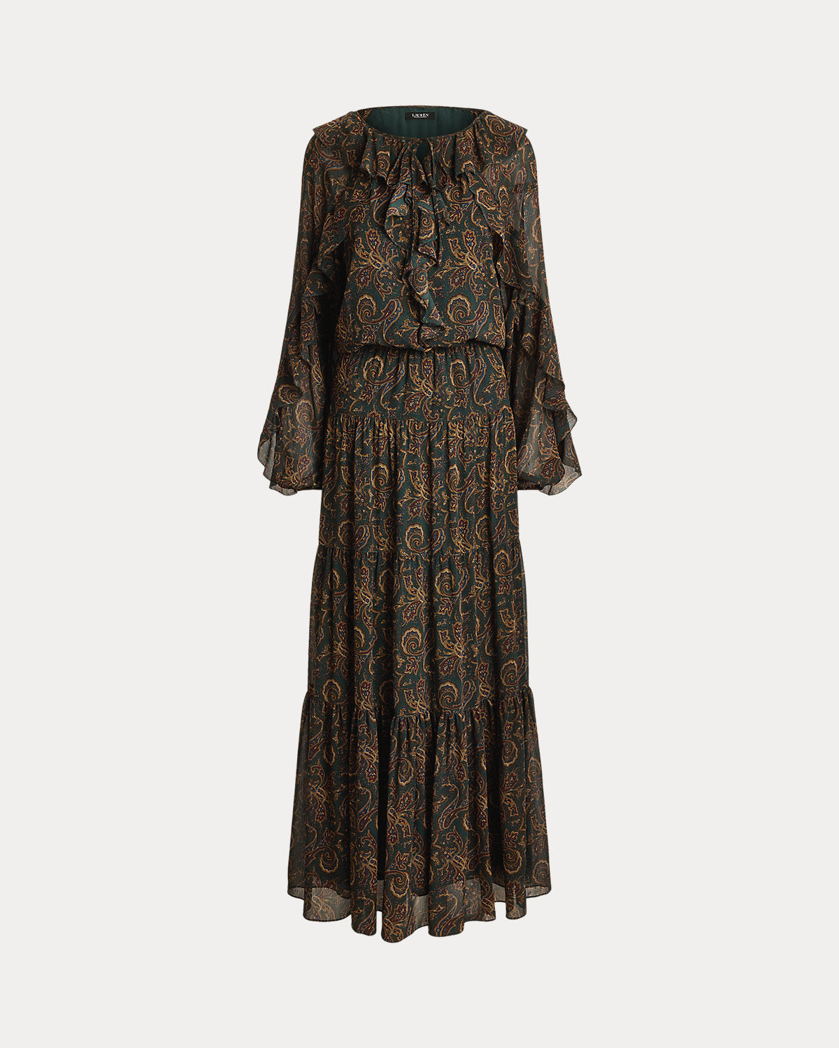 Paisley Ruffle-Trim Georgette Maxidress