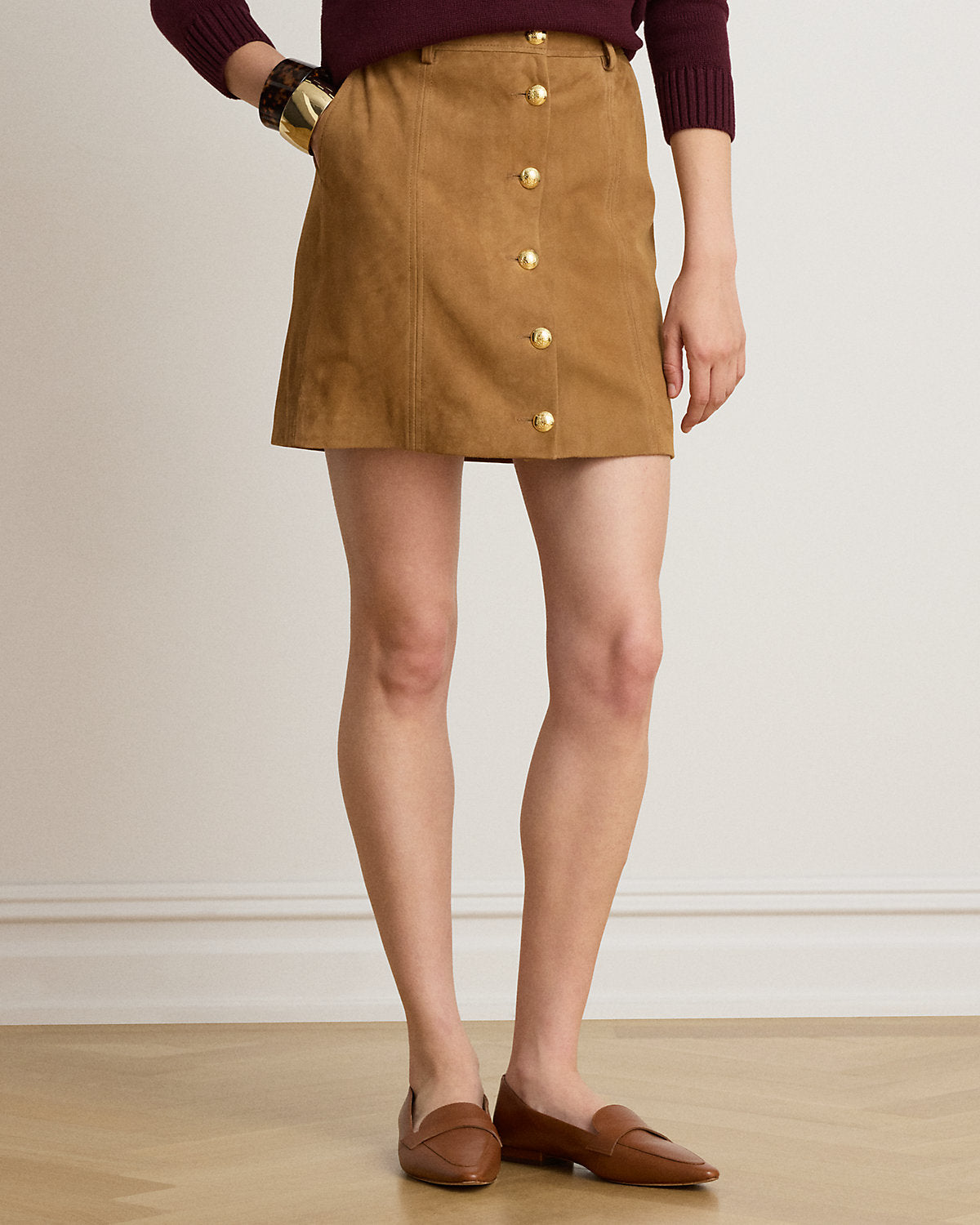 Button-Front Goat-Suede Pencil Miniskirt