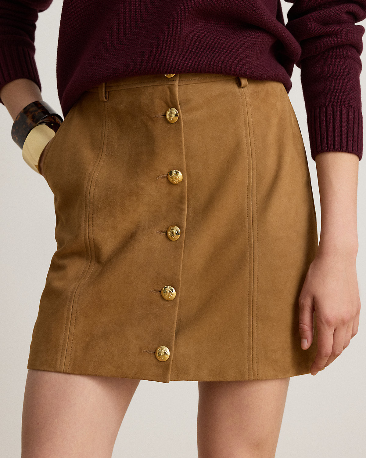 Button-Front Goat-Suede Pencil Miniskirt