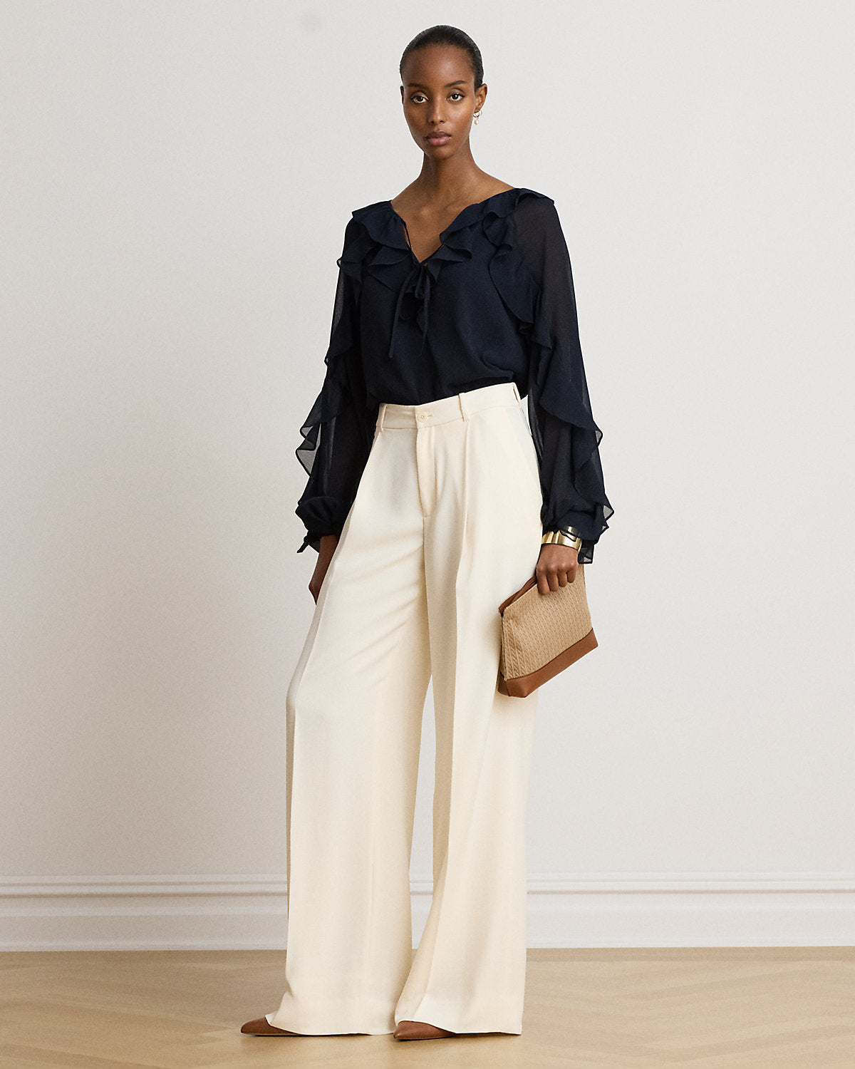 Ruffle-Trim Crinkle Georgette Blouse