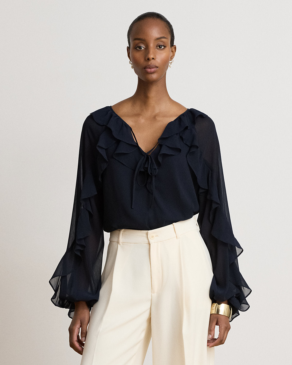 Ruffle-Trim Crinkle Georgette Blouse