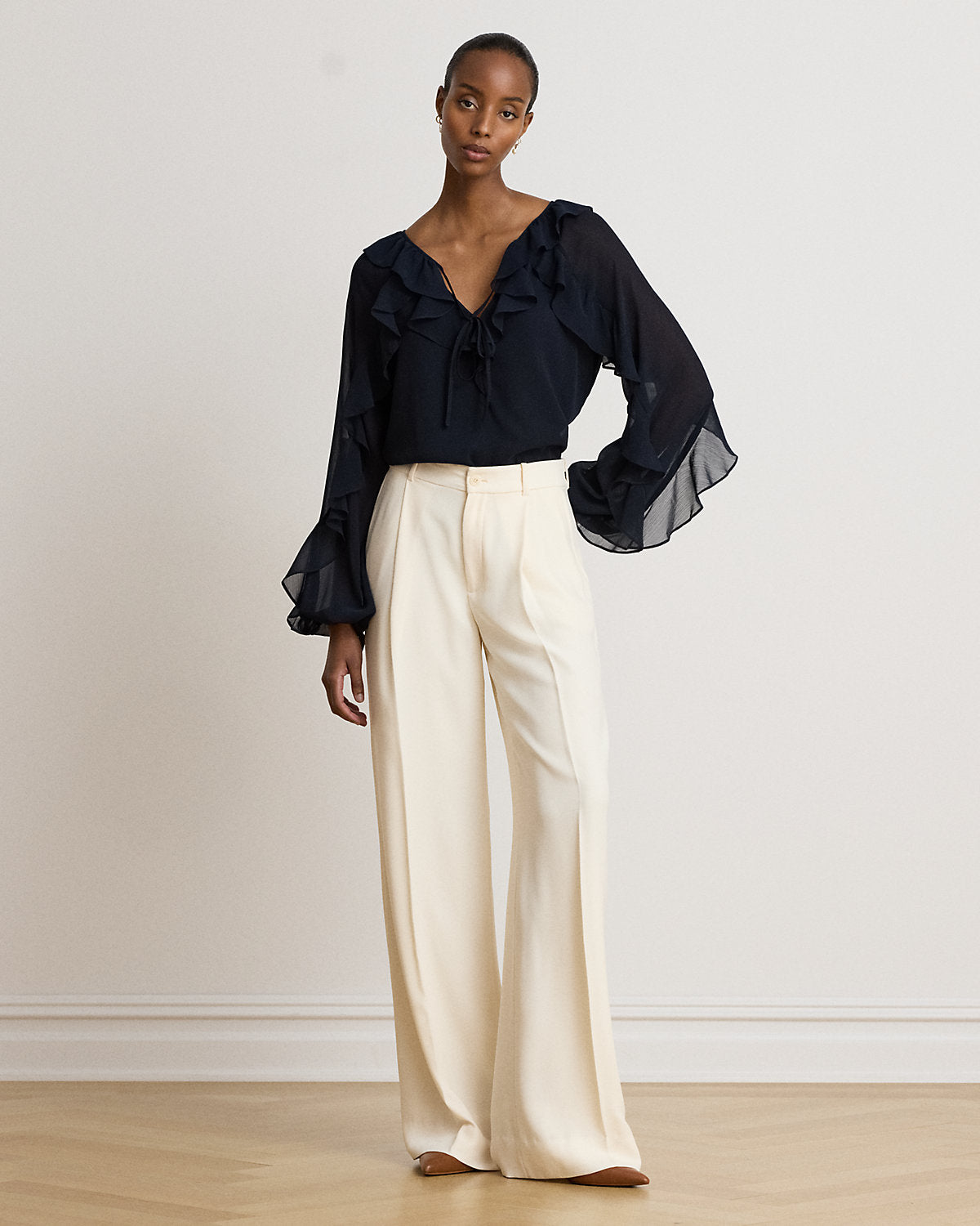 Ruffle-Trim Crinkle Georgette Blouse