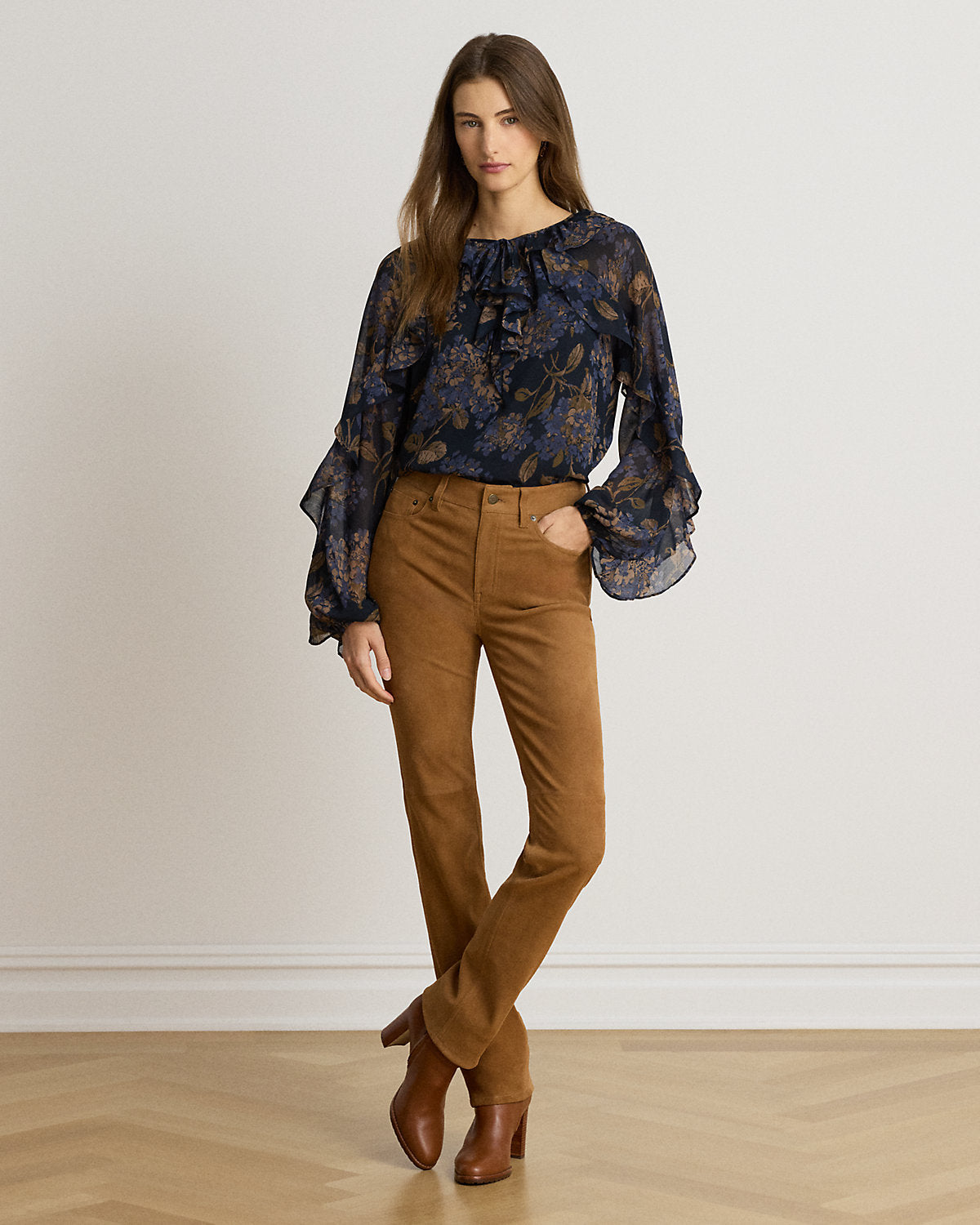 Floral Ruffle-Trim Georgette Blouse