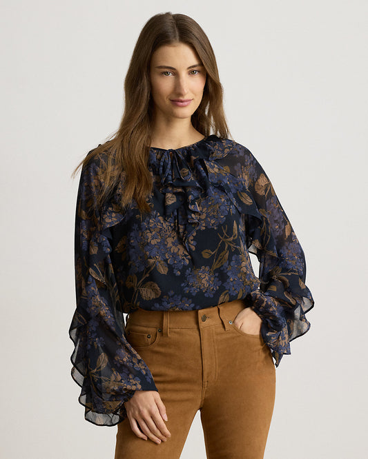 Floral Ruffle-Trim Georgette Blouse